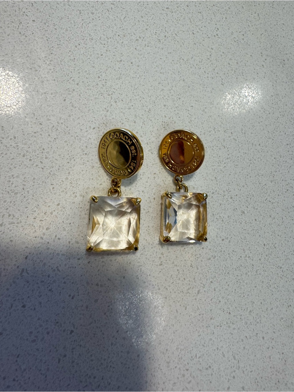 Coach Est. 1941 Gold & Square Clear Crystal Drop Earrings
